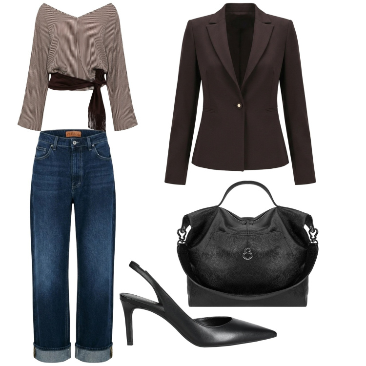 Outfit donna - Serata tranquilla. Stile Casual per Serata fuori. Abbinamento con décolleté, top, blazer, jeans dritti, borse a spalla.