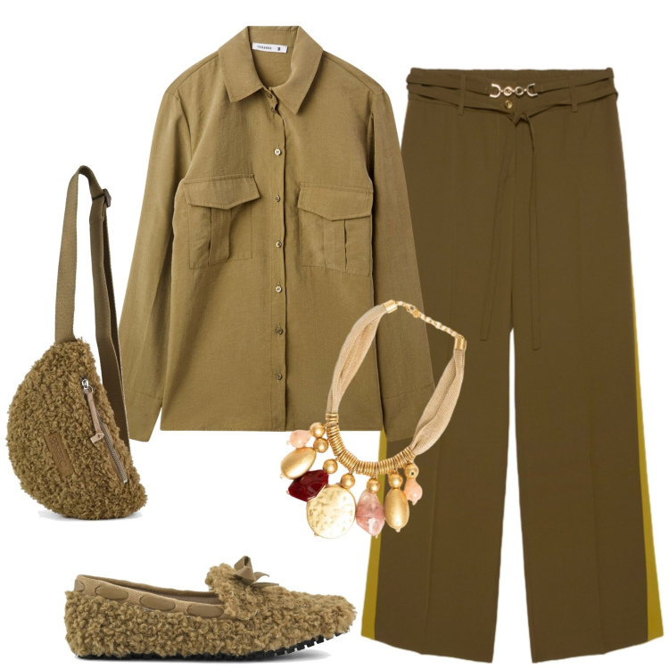 Outfit donna - Sporty chic. Stile Sporty chic per Ufficio. Abbinamento con camicie, pantaloni, collane, marsupi, mocassini.