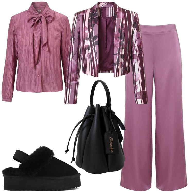 Outfit donna - Total look #2477961. Stile Casual chic per Serata fuori. Abbinamento con blazer, camicie, pantaloni a palazzo, borse a secchiello, sabot.