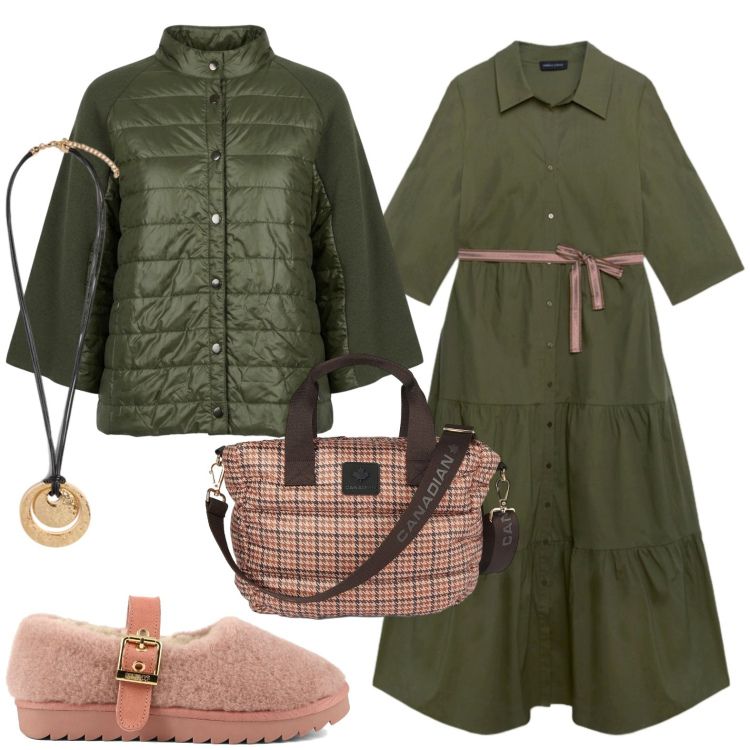 Outfit donna - Autunno. Stile Casual per Tutti i giorni. Abbinamento con vestiti chemisier, ciondoli, borse tote, blazer, ballerine.