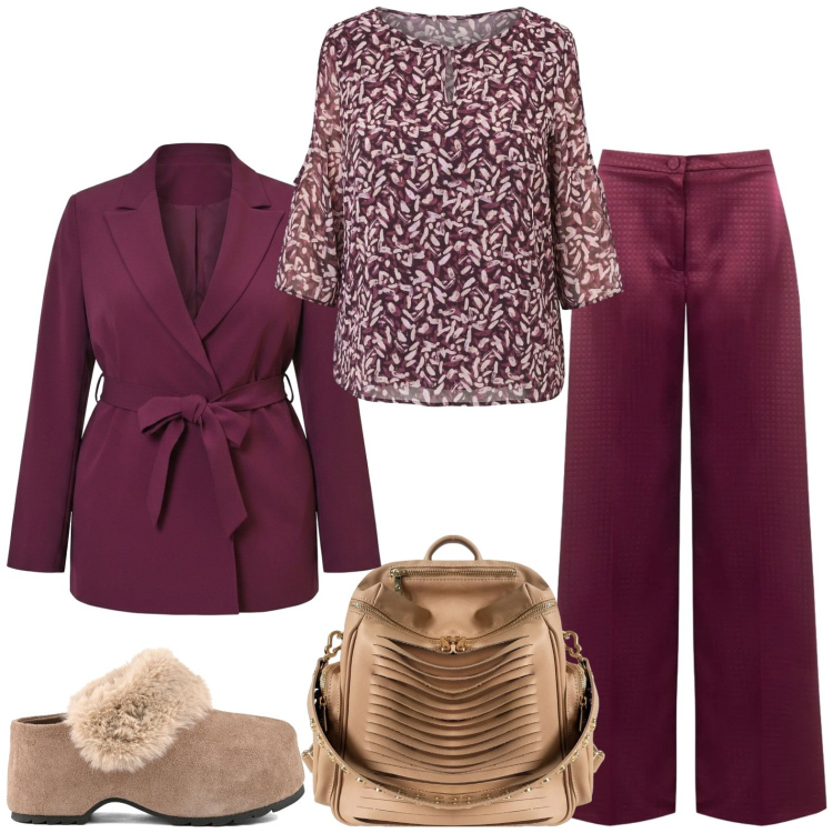Outfit donna - Total look #2477966. Stile Casual chic per Tutti i giorni. Abbinamento con pantaloni a palazzo, bluse, blazer, zaini, zoccoli.