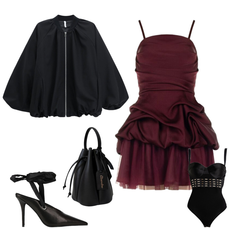 Outfit donna - Serata evento speciale. Stile Glamour per Serata fuori. Abbinamento con body, décolleté, bomber, vestiti corti, borse a secchiello.