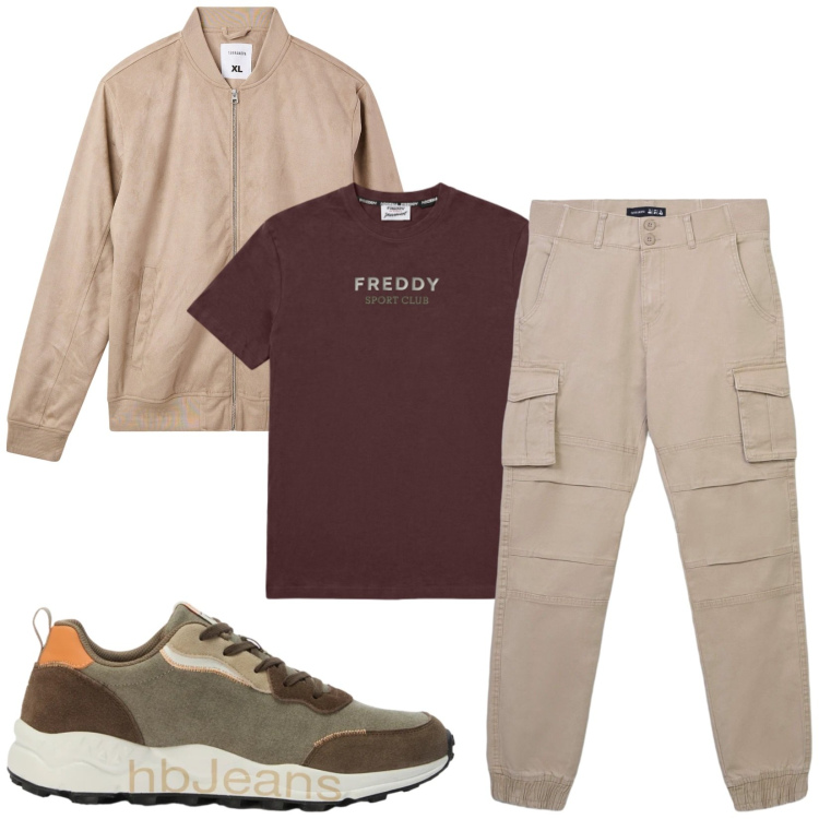 Outfit uomo - Total look #2477970. Stile Casual per Tutti i giorni. Abbinamento con sneakers, t-shirt, bomber, pantaloni cargo.