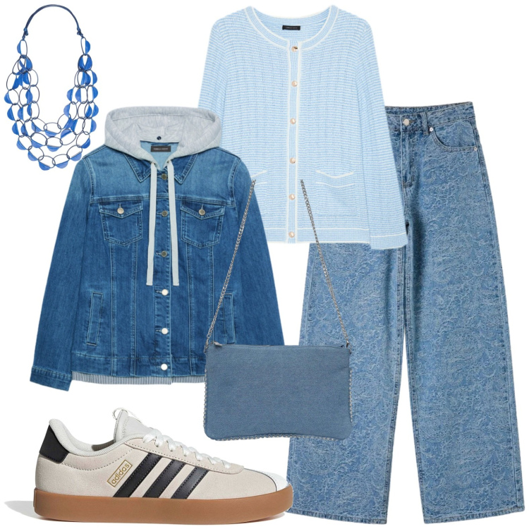 Outfit donna - Bilancia. Stile Casual per Tutti i giorni. Abbinamento con borse a tracolla, jeans, collane, cardigans, blazer, sneakers.