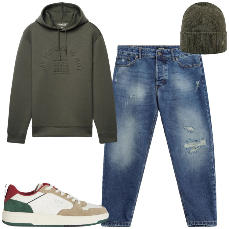 Outfit uomo - Fall. Stile Casual per Tutti i giorni. Abbinamento con sneakers, jeans strappati, cappelli, felpe con cappuccio.