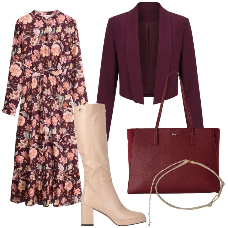 Outfit donna - Wine floreale. Stile Glamour per Tutti i giorni. Abbinamento con stivali, vestiti lunghi, shopping bag, blazer, cinture.