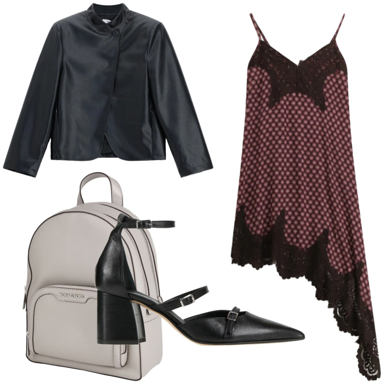 Outfit donna - Asimmetrie. Stile Casual per Serata fuori. Abbinamento con zaini, décolleté, vestiti asimmetrici, blazer.