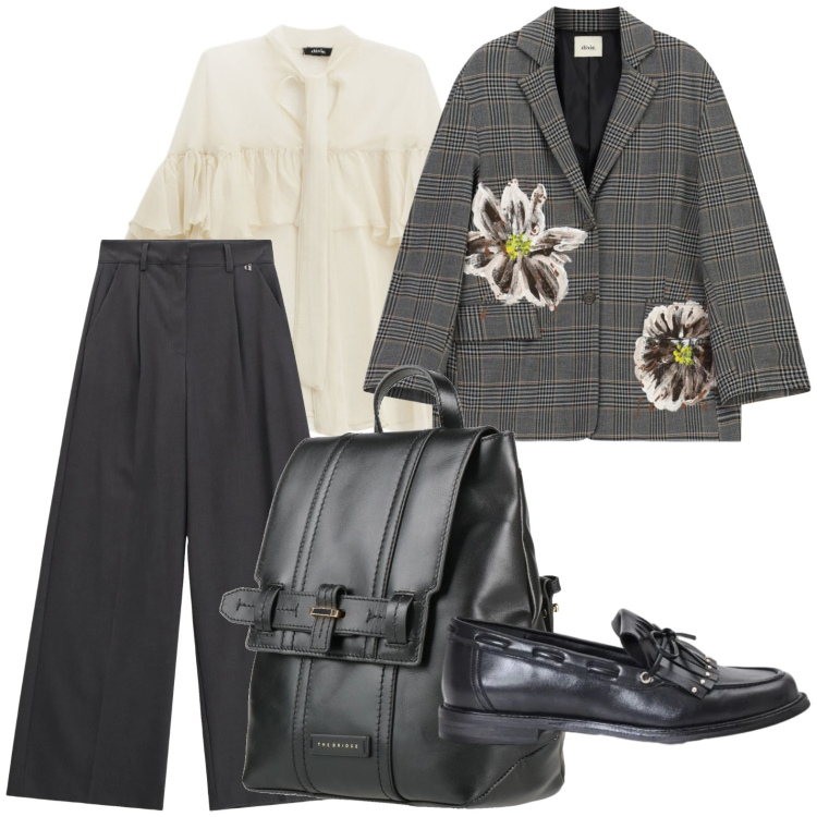 Outfit donna - Blazer professionale. Stile Casual per Ufficio. Abbinamento con zaini, pantaloni a palazzo, bluse, blazer, mocassini.