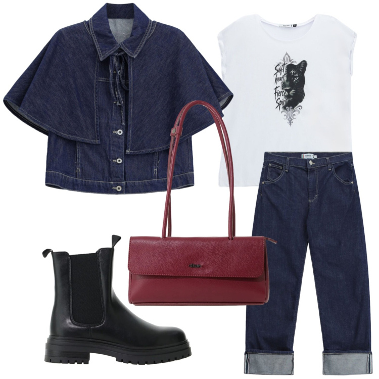 Outfit donna - Please - FW26. Stile Glamour per Tutti i giorni. Abbinamento con stivaletti chelsea, borse a spalla, jeans dritti, t-shirt, blazer.