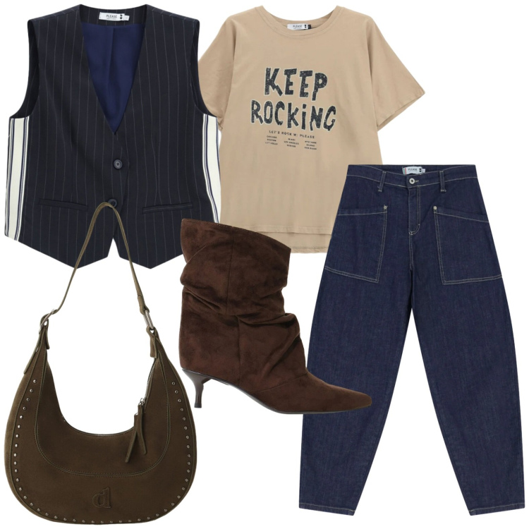Outfit donna - Please - FW26. Stile Trendy per Tutti i giorni. Abbinamento con stivali, borse a spalla, jeans, t-shirt, gilet.