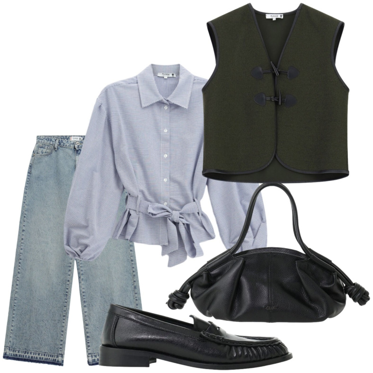 Outfit donna - Please - FW26. Stile Glamour per Ufficio. Abbinamento con mocassini, borse a mano, camicie, jeans dritti, gilet.