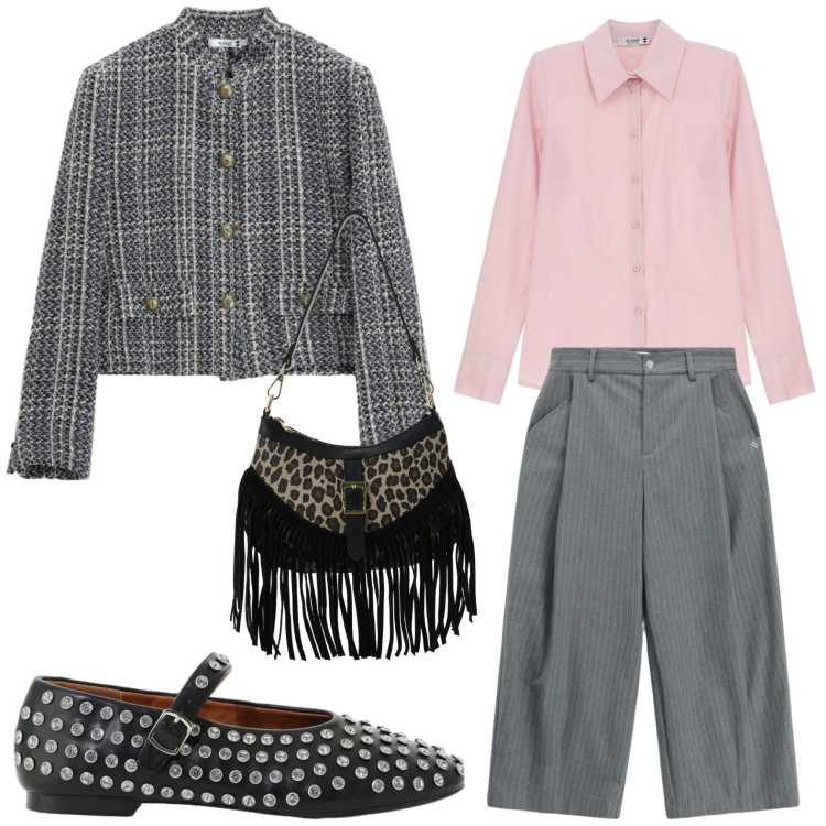 Outfit donna - Please - FW26. Stile Casual chic per Tutti i giorni. Abbinamento con borse a spalla, ballerine, camicie, cappotti, pantaloni a palazzo.