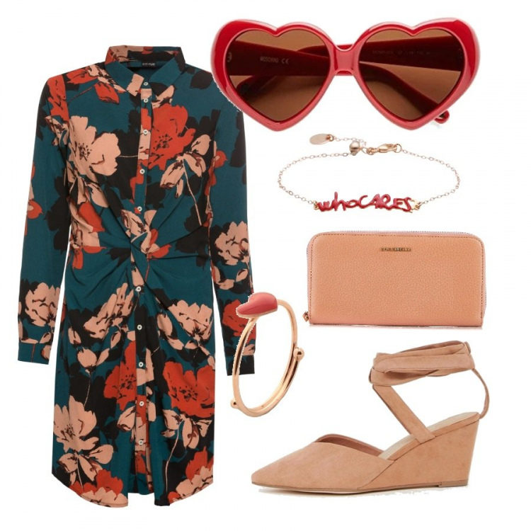 Outfit donna - Occhiali e dettagli trendy. Stile Trendy per Tutti i giorni. Abbinamento con anello in placcato argento, bracciale argento, vestiti, zeppe con nodi a punta in denim con zeppe, occhiali da sole rosso, portafoglio con scomparti.