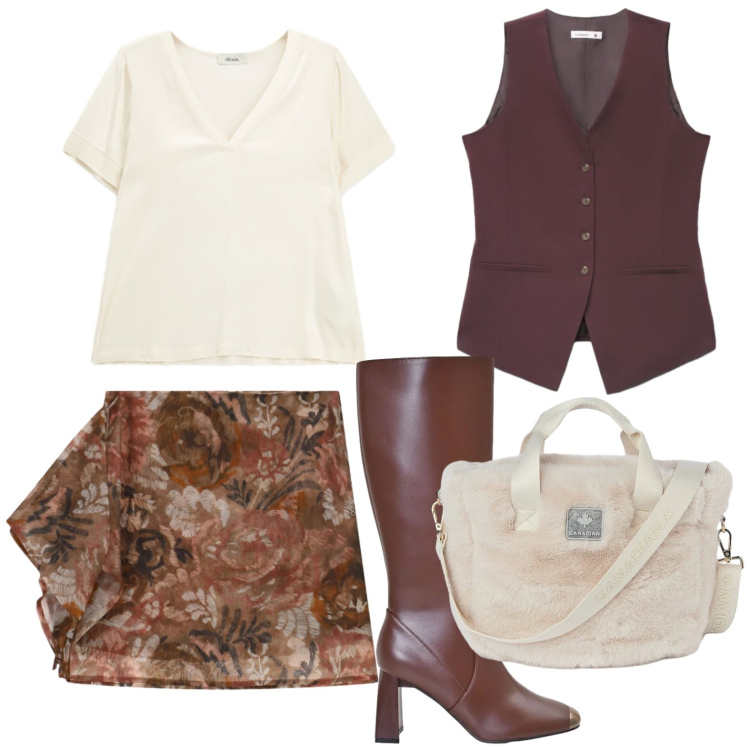 Outfit donna - Alla moda. Stile Casual per Tutti i giorni. Abbinamento con gilet, t-shirt, stivali sopra il ginocchio, minigonne, borse tote.