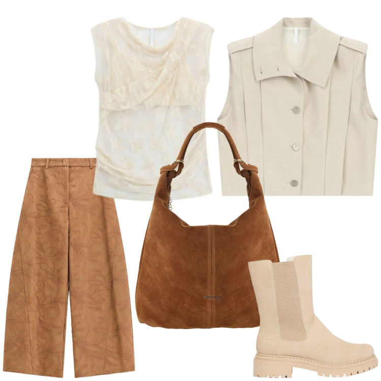 Outfit donna - Trendy. Stile Casual per Tutti i giorni. Abbinamento con stivaletti, gilet, borse a spalla, top, pantaloni a palazzo.