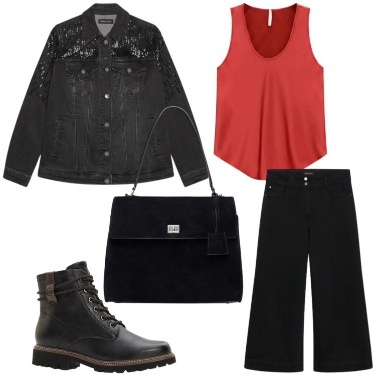 Outfit donna - Jeans rivisitato. Stile Basic per Serata fuori. Abbinamento con stivaletti, canottiere, cappotti, jeans, borse a mano.