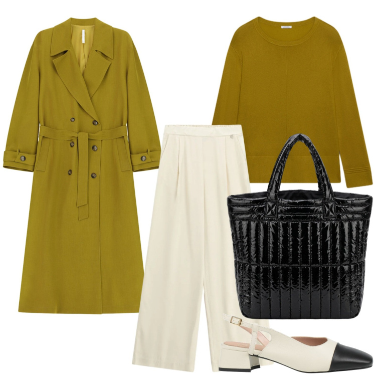 Outfit donna - Trench olio. Stile Casual per Ufficio. Abbinamento con décolleté, trench, pantaloni a palazzo, maglieria, borse a mano.