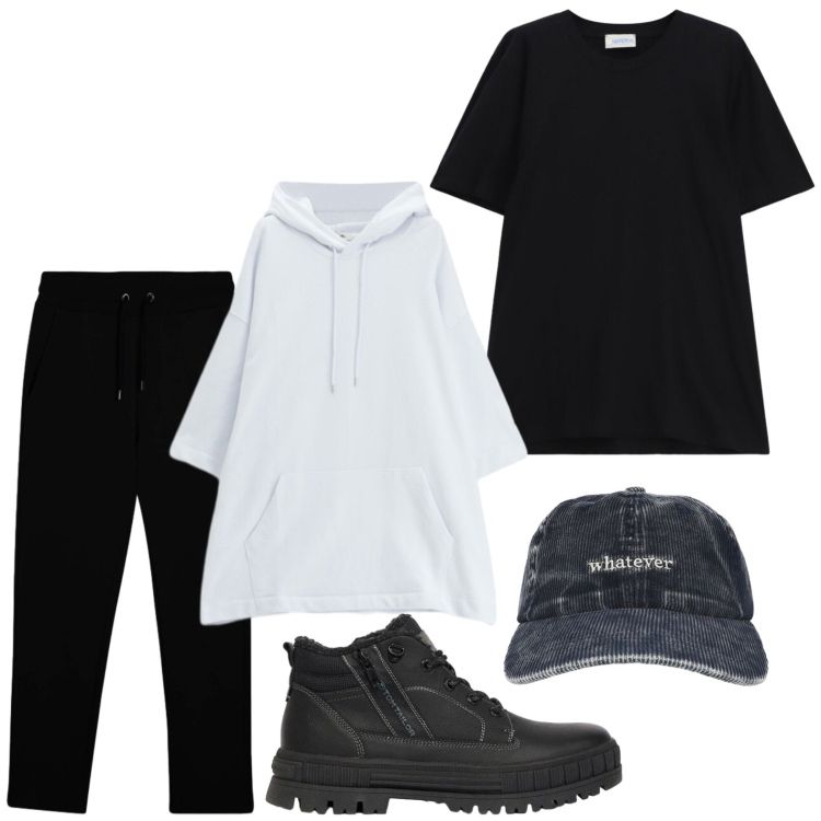 Outfit uomo - Street style. Stile Trendy per Tutti i giorni. Abbinamento con t-shirt, felpe con cappuccio, pantaloni, cappelli con visiera, stivali e stivaletti.