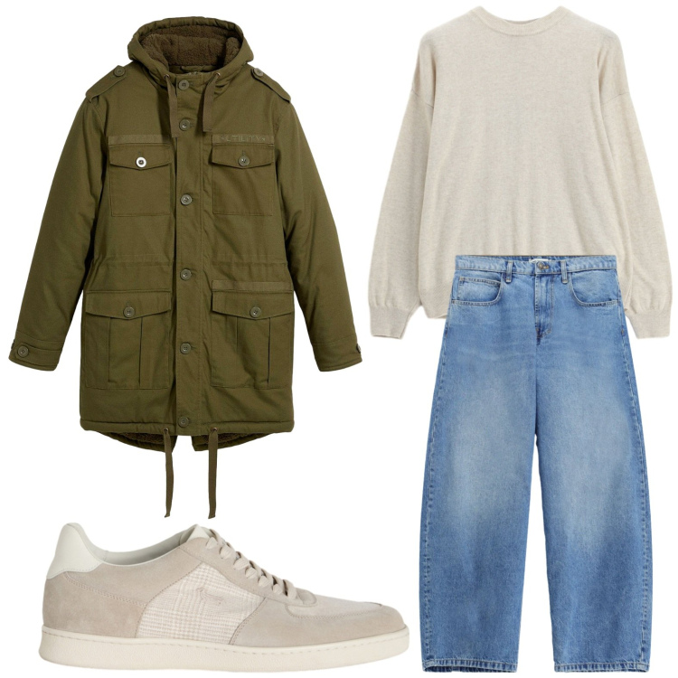 Outfit uomo - Parka e jeans. Stile Casual per Tutti i giorni. Abbinamento con sneakers, jeans, maglieria, parka.