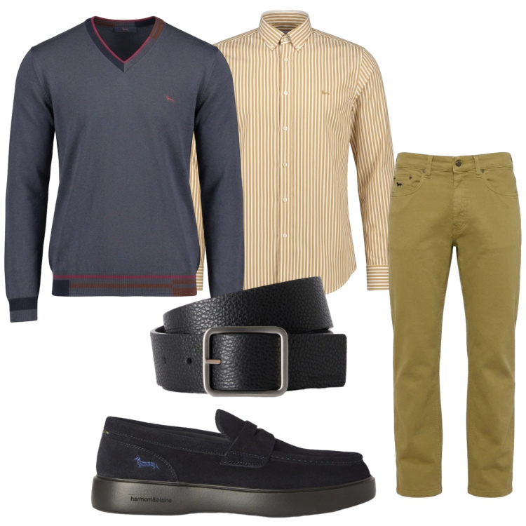 Outfit uomo - Righe ipnotiche. Stile Casual per Tutti i giorni. Abbinamento con jeans, scarpe stringate, camicie, maglieria, cinture.