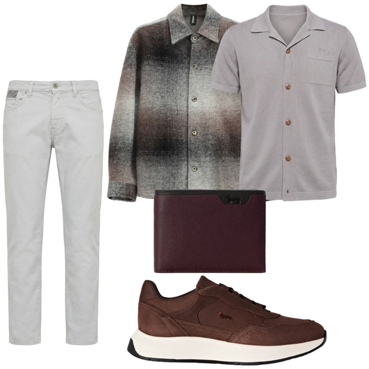 Outfit uomo - Sabbia e marrone. Stile Casual per Tutti i giorni. Abbinamento con sneakers, portafogli, pantaloni, camicie a manica corta, cappotti.