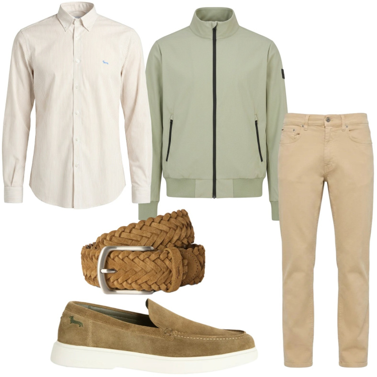 Outfit uomo - Giubbino salvia. Stile Casual per Tutti i giorni. Abbinamento con cinture, pantaloni, camicie, scarpe stringate, bomber.