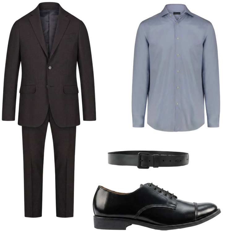 Outfit uomo - Riunione di lavoro. Stile Casual per Ufficio. Abbinamento con cinture, camicie, scarpe stringate, abiti.