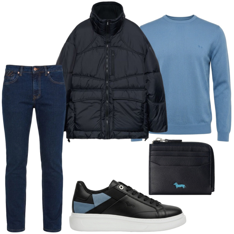 Outfit uomo - Piumino caldo. Stile Trendy per Tutti i giorni. Abbinamento con maglieria, jeans, portafogli, sneakers, giacche.