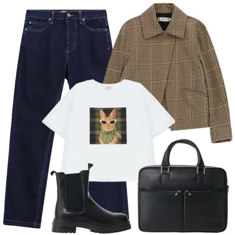 Outfit donna - Jeans, t-shirt e giacca oversize. Stile Urban per Scuola/Università. Abbinamento con stivaletti chelsea, borse messenger, t-shirt, cappotti, jeans slim fit.