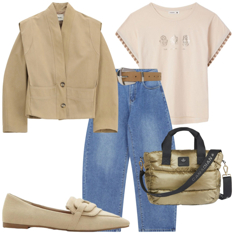 Outfit donna - Eleganza Disinvolta. Stile Casual chic per Tutti i giorni. Abbinamento con mocassini, t-shirt, cinture, jeans, blazer, borse tote.
