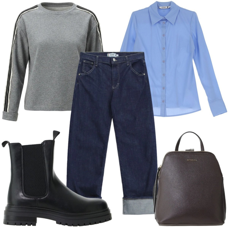Outfit donna - Please - FW26 a scuola. Stile Basic per Scuola/Università. Abbinamento con stivaletti chelsea, zaini, camicie, felpe, jeans dritti.