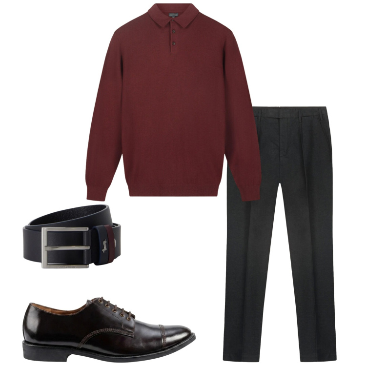 Outfit uomo - In ufficio. Stile Business/Elegante per Ufficio. Abbinamento con cinture, pantaloni, scarpe stringate, polo.