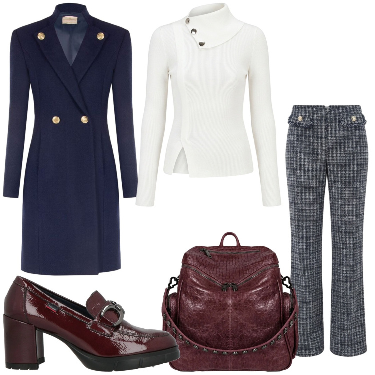 Outfit donna - Autunno e inverno. Stile Casual chic per Tutti i giorni. Abbinamento con mocassini, cappotti, pullovers, pantaloni, zaini.