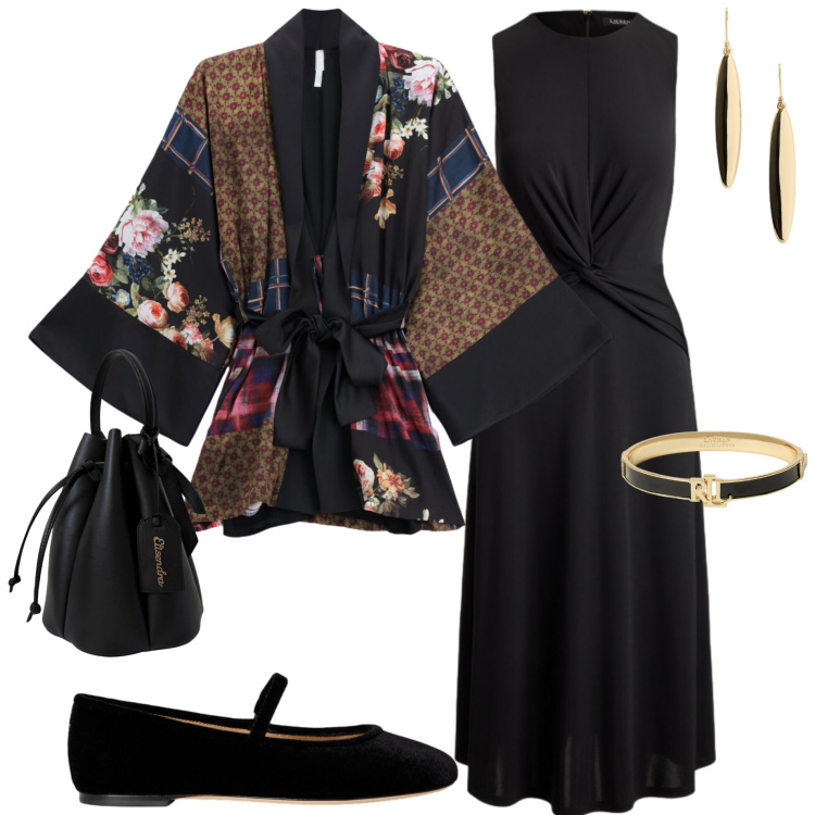 Outfit donna - Io... Bilancia. Stile Casual chic per Serata fuori. Abbinamento con kimono, borse a secchiello, braccialetti, vestiti senza maniche, orecchini, ballerine.