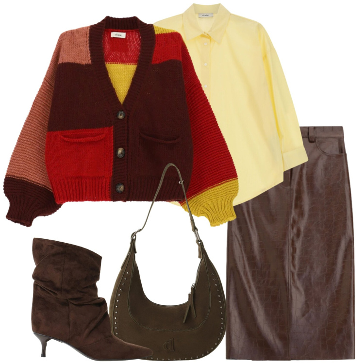 Outfit donna - La gonna midi. Stile Casual chic per Ufficio. Abbinamento con stivali, camicie, borse a spalla, gonne longuette, cardigans.