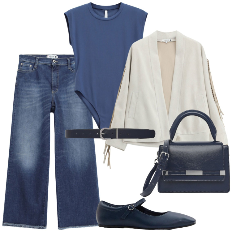 Outfit donna - Total look #2478099. Stile Minimal per Tutti i giorni. Abbinamento con ballerine, borse a tracolla, cinture, t-shirt, blazer, jeans.