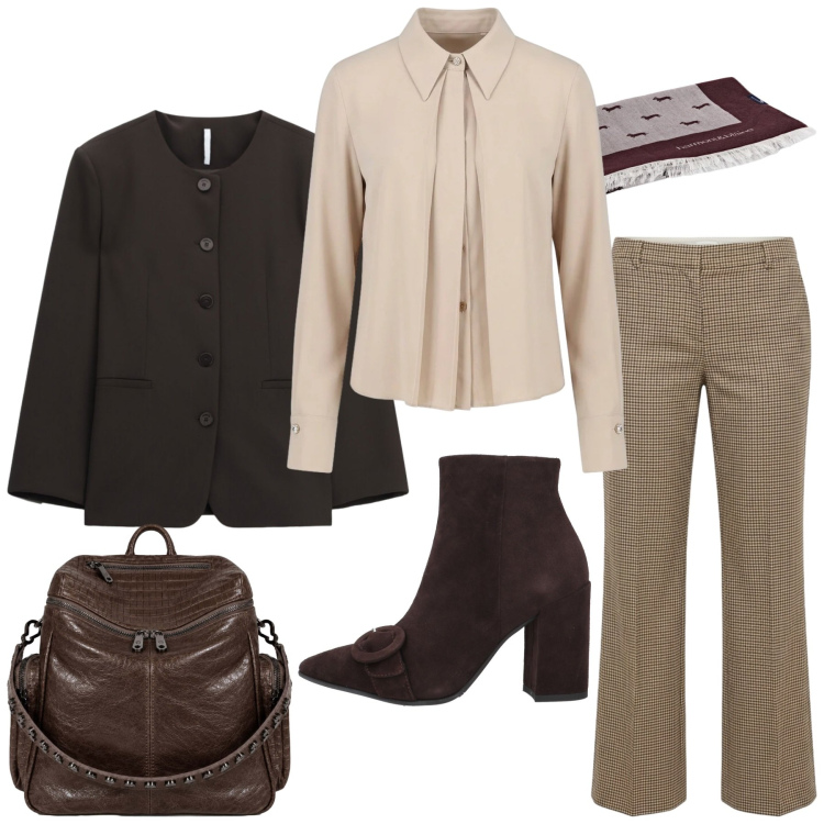 Outfit donna - Total look #2478105. Stile Chic per Ufficio. Abbinamento con stivaletti, pantaloni, sciarpe, blazer, camicie, zaini.