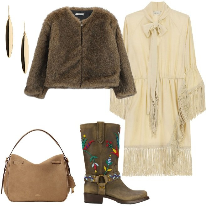 Outfit donna - Mix. Stile Boho per Tutti i giorni. Abbinamento con blazer, vestiti corti, borse a mano, orecchini, stivali.