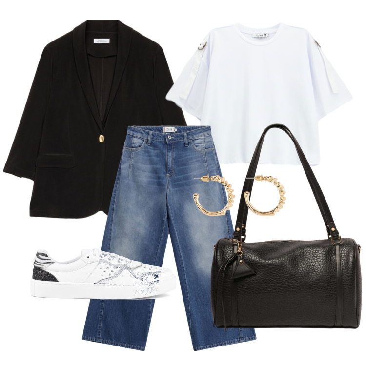 Outfit donna - Settembre. Stile Casual per Tutti i giorni. Abbinamento con orecchini, t-shirt, jeans, blazer, borse a spalla, sneakers.