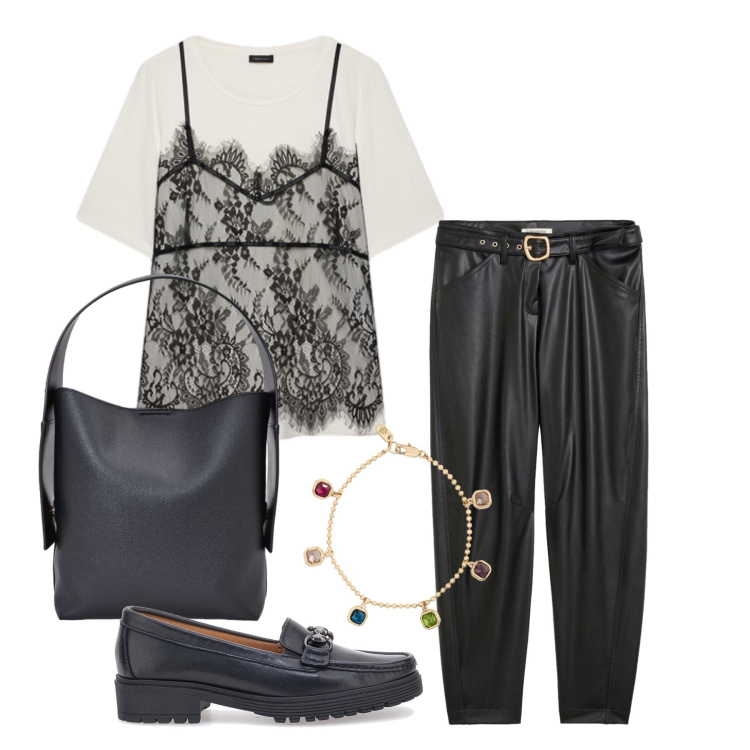 Outfit donna - Settembre. Stile Casual chic per Tutti i giorni. Abbinamento con pantaloni, borse a spalla, t-shirt, braccialetti, mocassini.