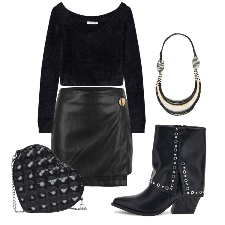 Outfit donna - Settembre. Stile Trendy per Tutti i giorni. Abbinamento con maglieria, borse a tracolla, collane, minigonne, stivaletti.