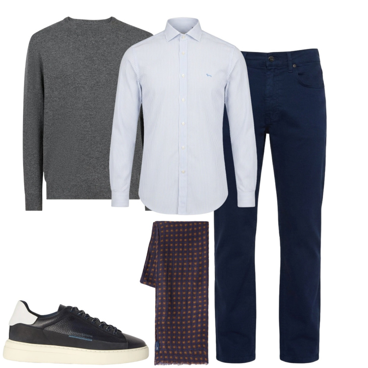 Outfit uomo - In ufficio. Stile Urban per Ufficio. Abbinamento con camicie, sneakers, pantaloni, sciarpe, maglieria.
