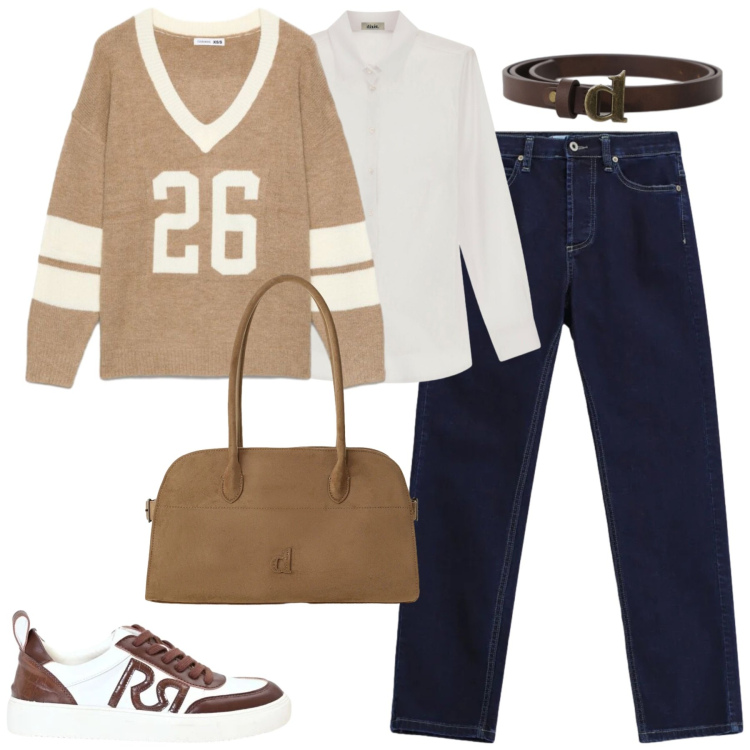 Outfit donna - Settembre. Stile Casual chic per Tutti i giorni. Abbinamento con t-shirt sportive, borse a spalla, cinture, camicie, sneakers, jeans slim fit.