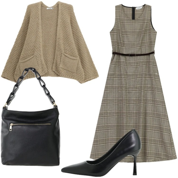 Outfit donna - Please - FW26. Stile Bon Ton per Ufficio. Abbinamento con décolleté, borse a spalla, vestiti midi/longuette, cardigans.