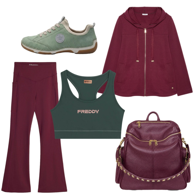 Outfit donna - Sessione di allenamento. Stile Basic per Sport. Abbinamento con sneakers, leggings sportivo, top sportivi, felpe con cappuccio, zaini.