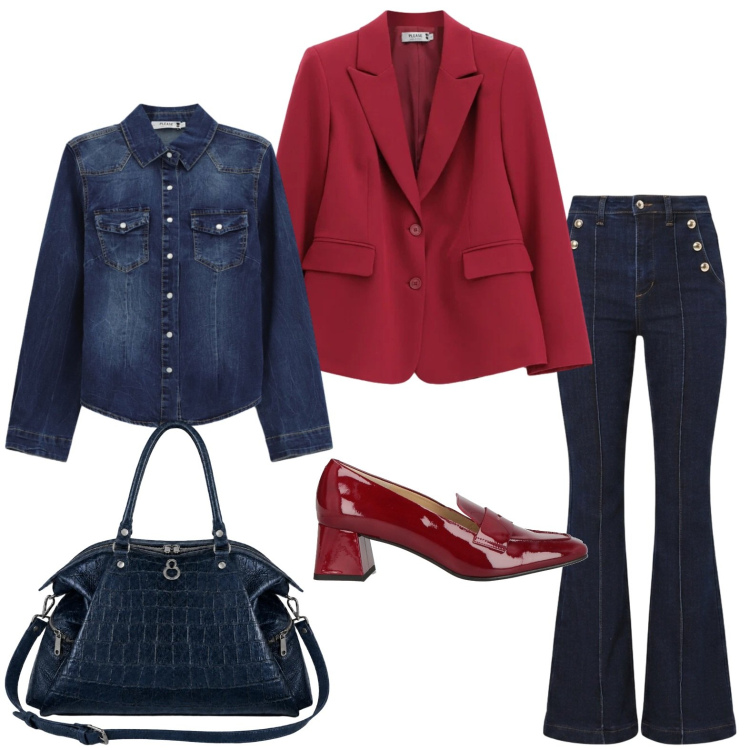 Outfit donna - Blazer con il totale denim. Stile Casual per Ufficio. Abbinamento con mocassini, jeans a zampa, camicie, blazer, shopping bag.