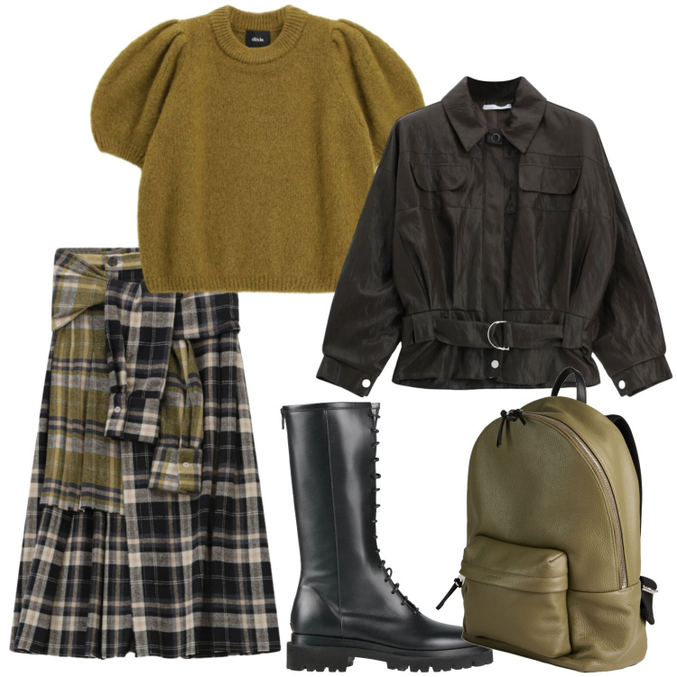 Outfit donna - Gonna scozzese e anfibio. Stile Casual per Scuola/Università. Abbinamento con zaini, stivali, bomber, pullovers, gonne longuette.