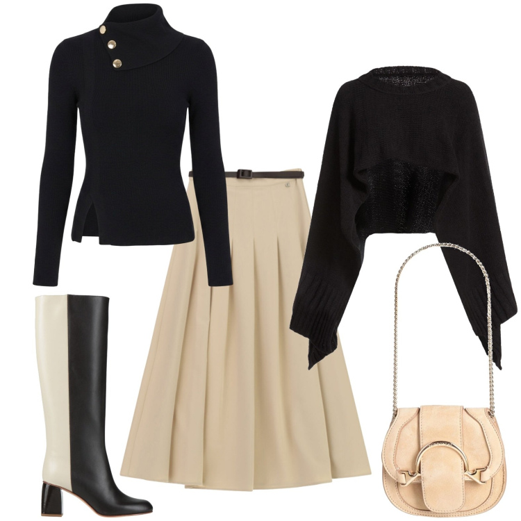 Outfit donna - Chic con gli stivali bicolore. Stile Chic per Tutti i giorni. Abbinamento con marsupi, stivali, cappotti, gonne lunghe, maglieria.