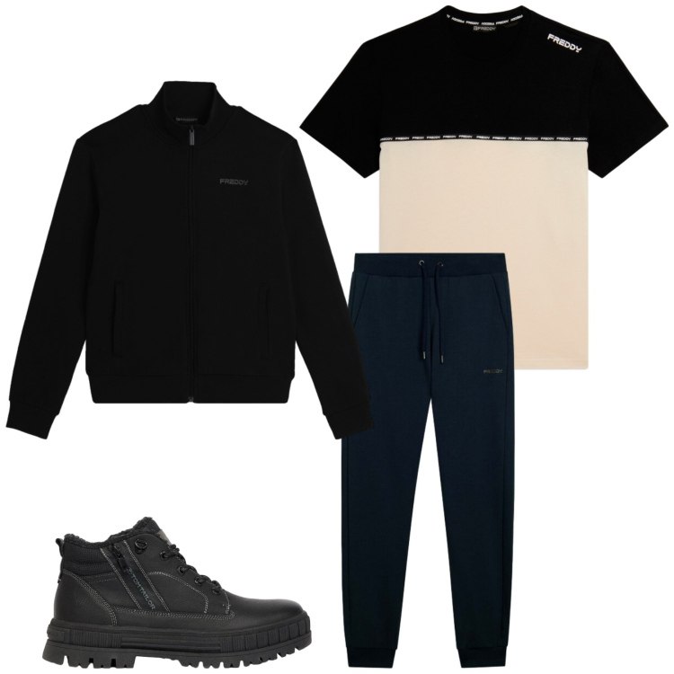 Outfit uomo - Total look #2478121. Stile Urban per Sport. Abbinamento con pantaloni, felpe, t-shirt, stivali e stivaletti.