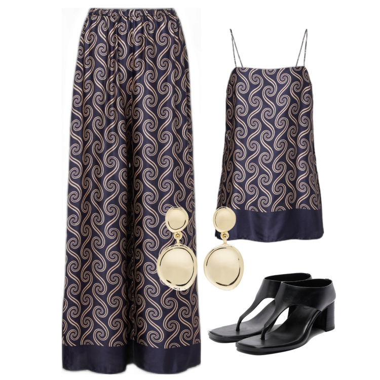 Outfit femme - Ensemble Faithfull. Style Boho pour Soirée dehors. Assortir avec boucles d'oreilles, hauts, sandales en cuir, pantalon large en bas.